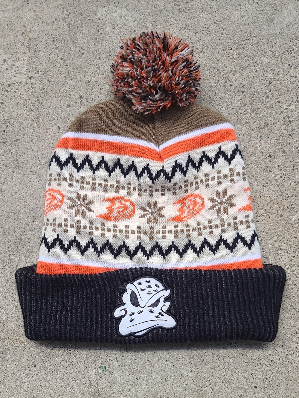 Pom-Pom Knit Hat with Duck Patch — Brown, Orange, Cream
